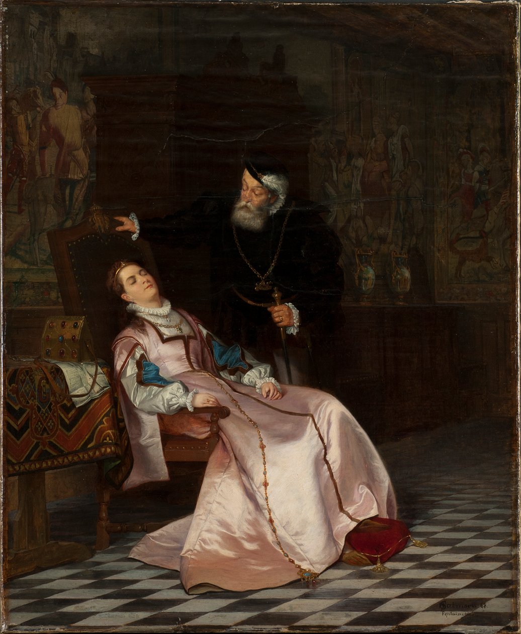 Gustav Vasa hitvesét, Catherine Stenbockot alva találja, és hallja, ahogy azt mondja: Gösta királyt szeretem..., 1 alkotó: Hugo Salmson