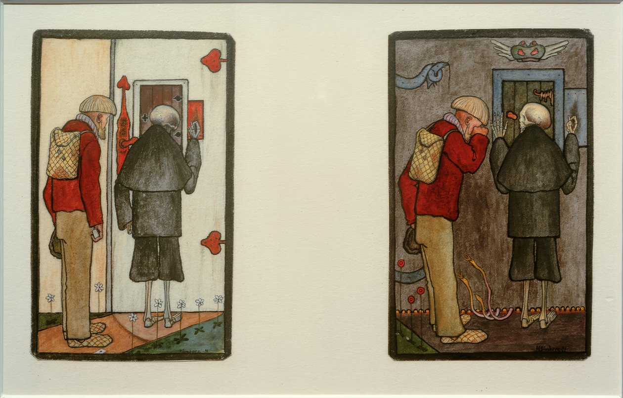 Gazda és halál a menny és a pokol kapujában alkotó: Hugo Simberg