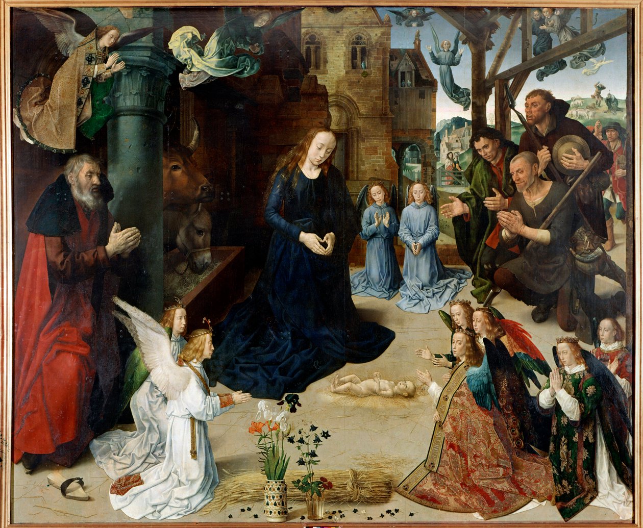 Pásztorok imádása (Portinari Triptikusának Központi Panelje”. Hugo van der Goes (1440-1482) festménye. 1475 kb. H/B. 253x304 cm. galleria degli Uffizi (Irodák), Firenze - A pásztorok imádása (a Portinari Triptyc központi panele alkotó: Hugo van der Goes