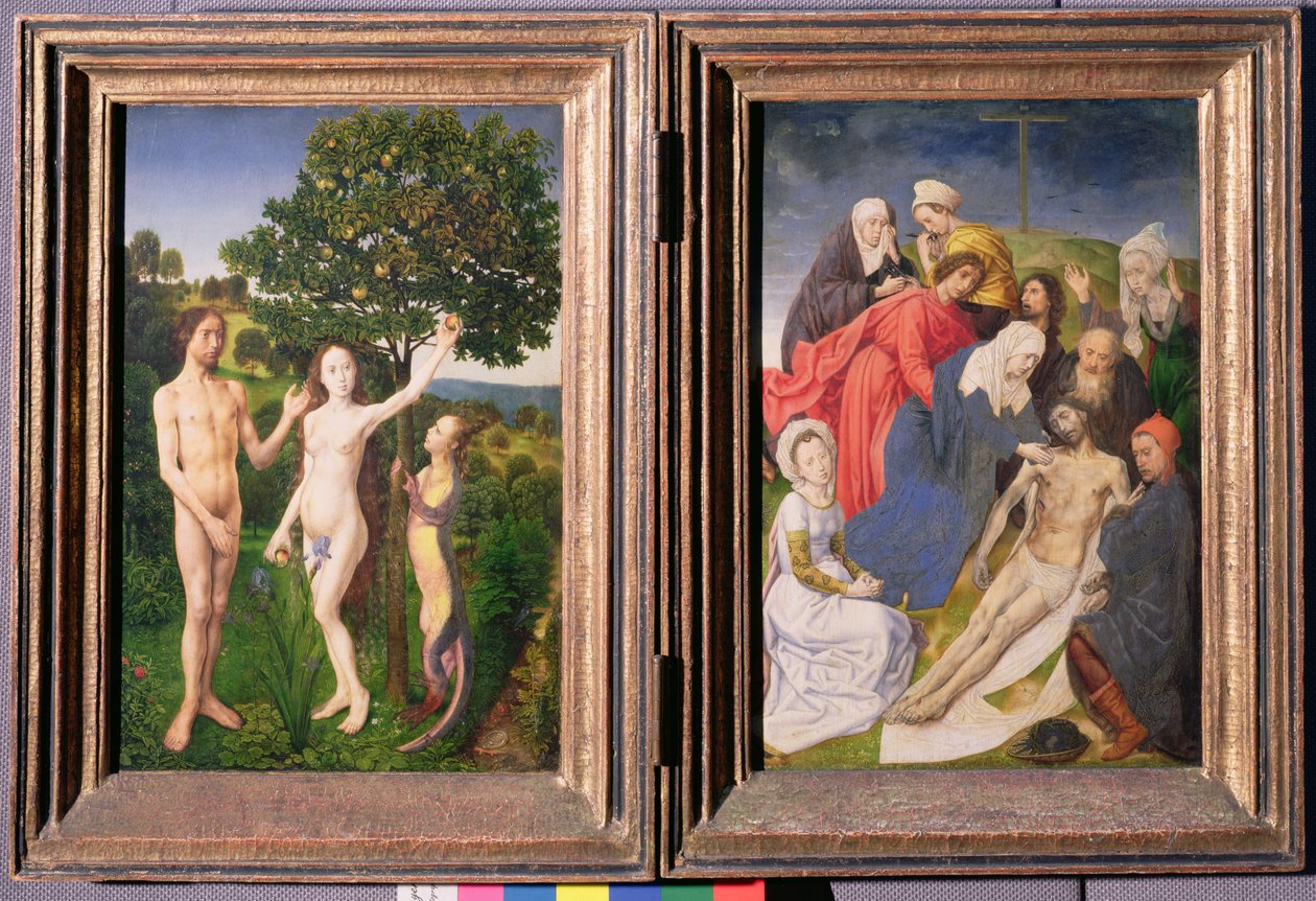 Diptichon: Az ember bukása (Ádám és Éva, kígyó és alma) és Jézus keresztről való leszállása (1479 után) alkotó: Hugo van der Goes
