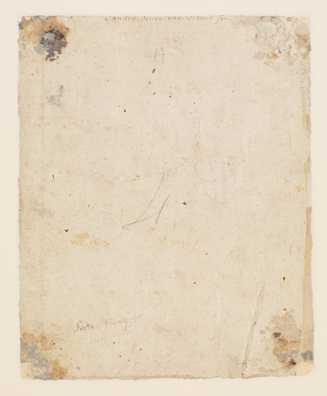 Felirat: felső közepén, barna tintával, 18. századi olasz kéz: "Sandro scrive che sicuro fia"; alatta barna tinta, 19. századi kéz: "Petro Perugino", alkotó: Hugo van der Goes