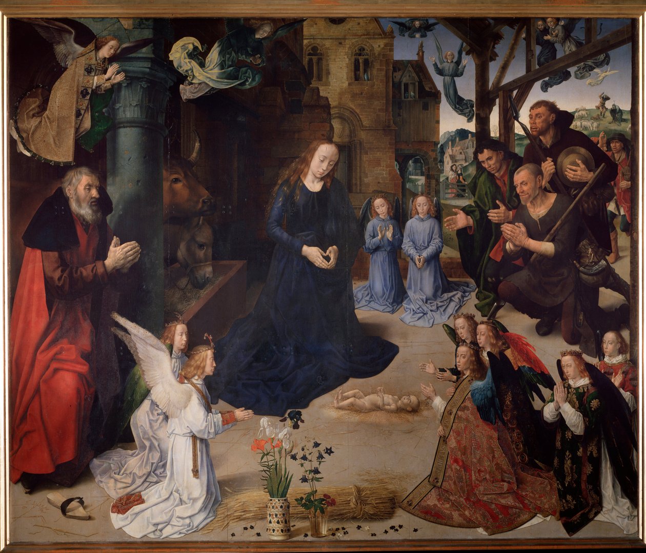 Portinari oltárkép: A pásztorok imádása. Központi panel, olaj, fa alkotó: Hugo van der Goes