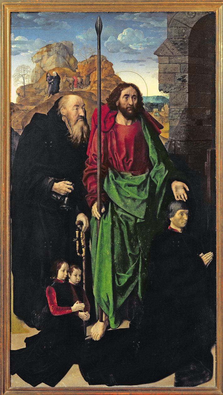 A Portinari oltárkép, Szent Tamás és Remete Szent Antal Tommaso Portinarival és két fiával, Antonio és Pigello, bal szárny, 1479 körül alkotó: Hugo van der Goes
