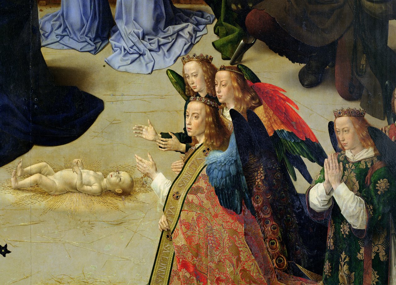A Portinari oltárkép, a négy angyal és a csecsemő részlete, 1475 körül, olaj, panel 9619 részlet alkotó: Hugo van der Goes