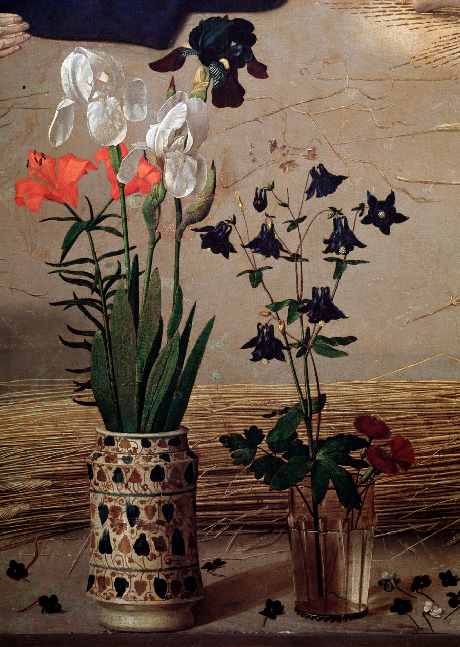 Portinari triptichon: virágok központi részlete - olaj, panel alkotó: Hugo van der Goes
