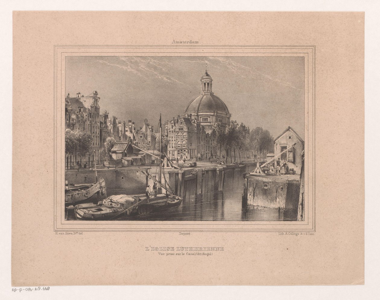 Gezicht op de Stromarkt, het Singel en de Lutherse kerk Az evangélikus egyház. Kilátás a csatornáról (Singel néven ismert) (cím az objektumon) Amszterdam szuvenírje Nyolc nézet az életből rajzolta és litografálta H. van Hove Bz. (sorozat címe) alkotó: Huib van Hove Bz