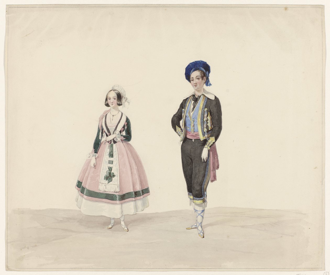 Férfi és nő történelmi viseletben, 1841 Hat akvarell történelmi jelmezekből az 1841-es jelmezbálhoz (sorozat címe) alkotó: Huib van Hove Bz