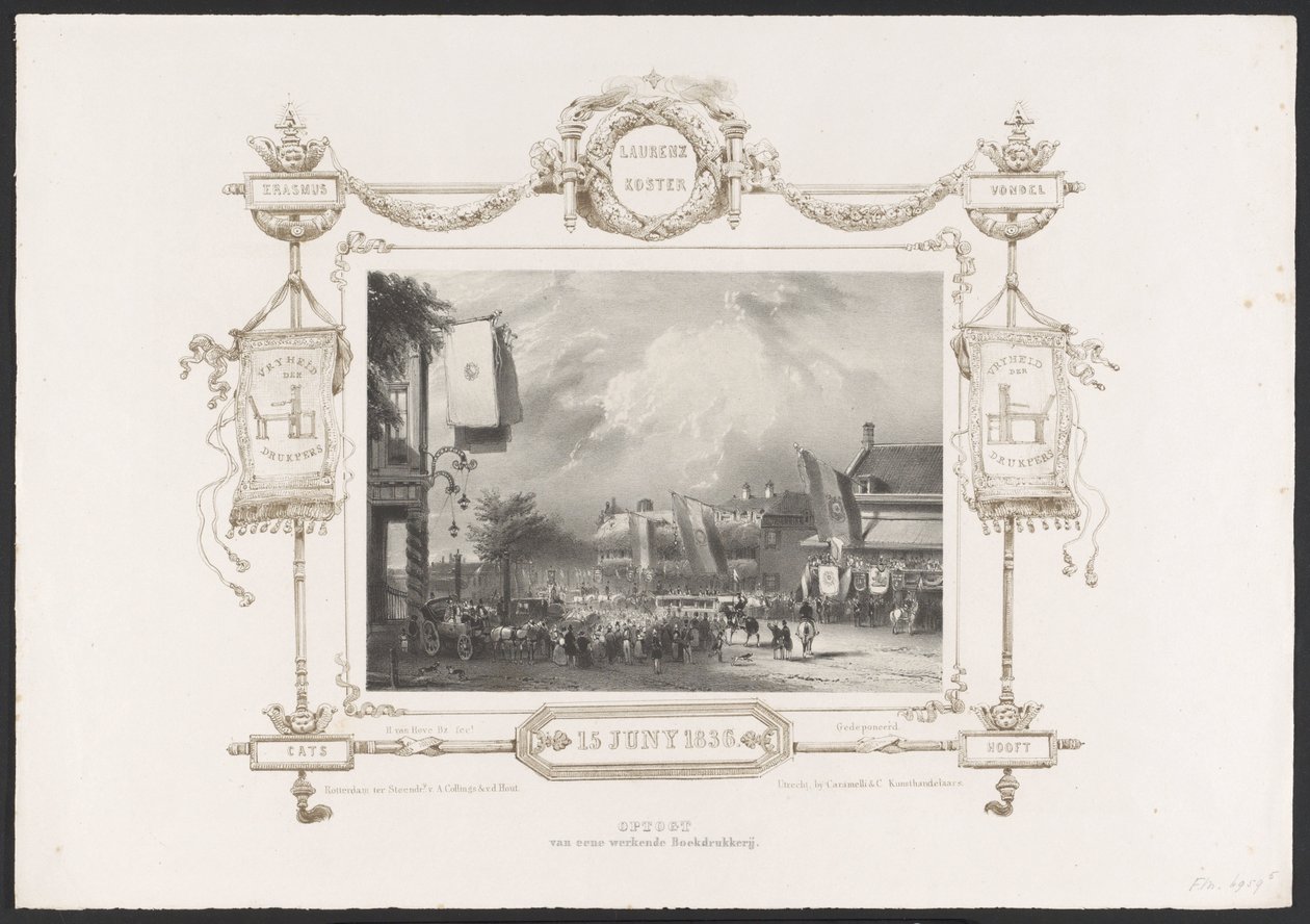 Felvonulás nyomdával, 1836 Optogt van eene working Drukkerij / 1836. június 15. (cím a tárgyon) Az 1836-os Utrechtsche Hogeschool második centenáriumának megünneplésének tányérjai (sorozat címe) alkotó: Huib van Hove Bz