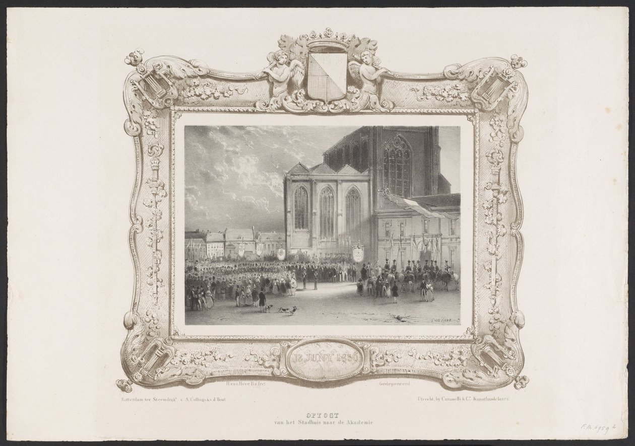 Felvonulás a Városházától az Akadémia épületéhez, 1836 Felemelkedés a Városházától az Akadémiáig (cím a tárgyon) Az 1836-os Utrechtsche Hogeschool második centenáriumának ünneplésének tányérjai (sorozat címe) alkotó: Huib van Hove Bz