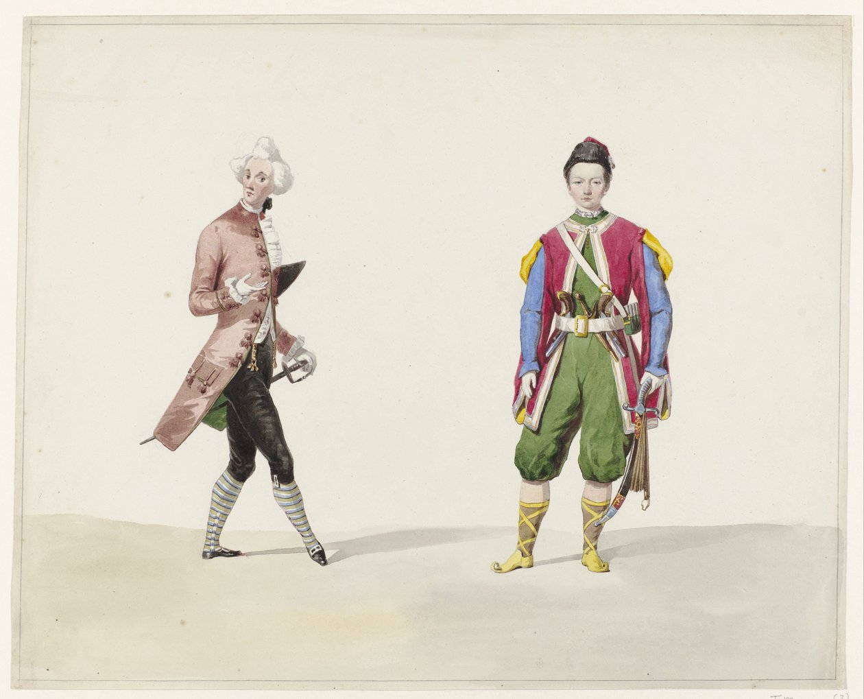 Két férfi történelmi jelmezben, 1841 Hat akvarell történelmi jelmezekből az 1841-es jelmezbálhoz (sorozat címe) alkotó: Huib van Hove Bz