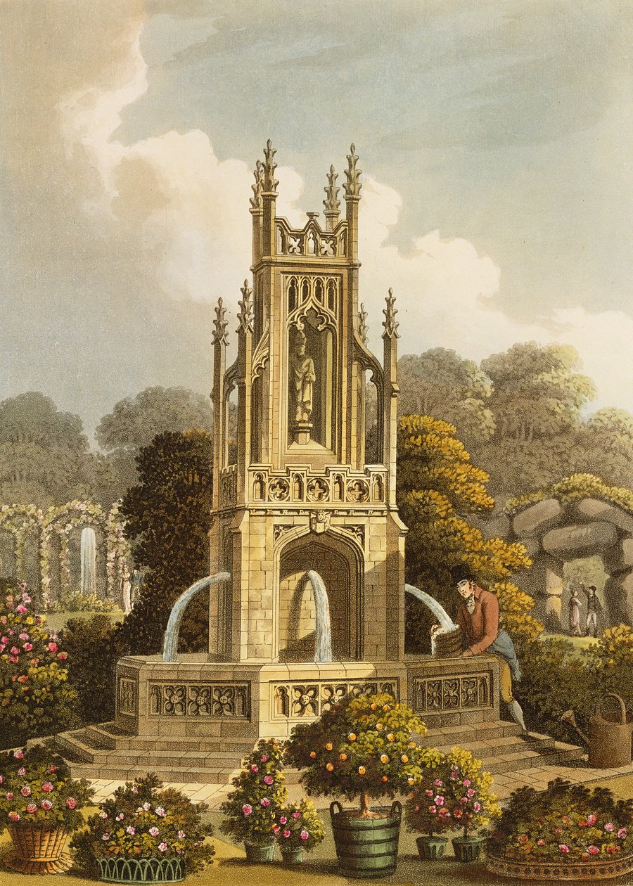 Tervezés egy vezetékhez, javasolt Ashridge-ben, távoli kilátással a Rózsafüzérre és a Szerzeteskertre, a "Fragments on theory and Practice of Landscape Gardening" (Fragments on theory and Practice of Landscape Gardening), pub. 1816 alkotó: Humphry Repton