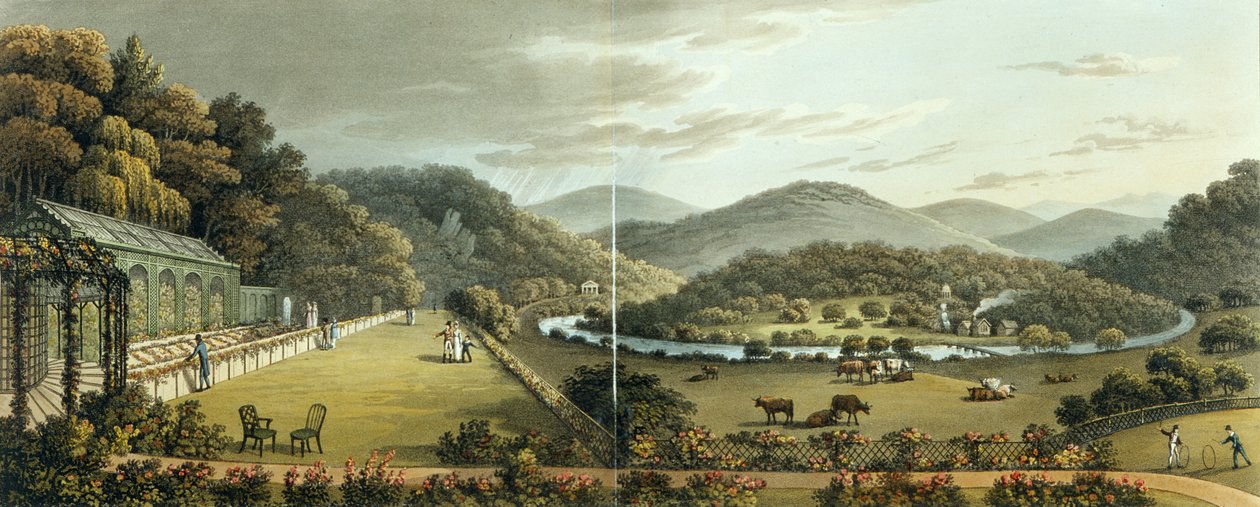 Általános kilátás a devon-i endsleighi kunyhó déli és keleti frontjáról, (utána) a "Fragments on the Theory and Practice of Landscape Gardening" (Töredékek a tájkertészet elméletéről és gyakorlatáról), pub. 1816 alkotó: Humphry Repton