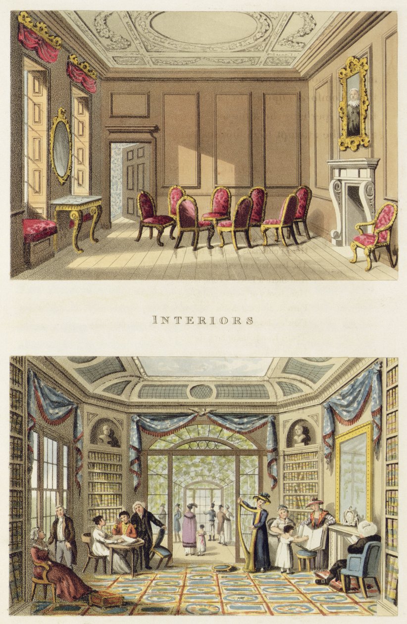 Belső terek: A régi cédrusszalon és a modern nappali, a "Töredékek a tájkertészet elméletéről és gyakorlatáról", pub. 1816 alkotó: Humphry Repton