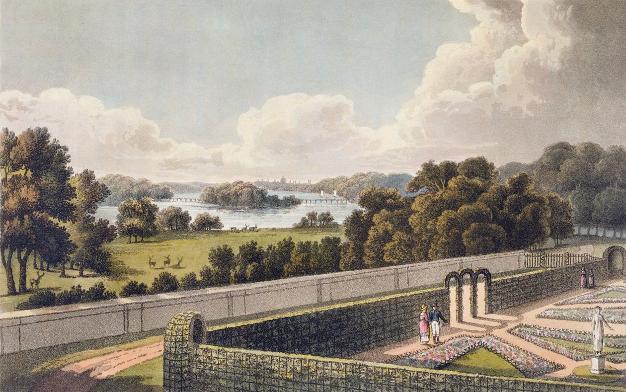 Nézet a változtatásra javasolt módon egy London melletti villa portikuszából, a "Fragments on the Theory and Practice of Landscape Gardening" című műből, 1816 (akvatinta) alkotó: Humphry Repton