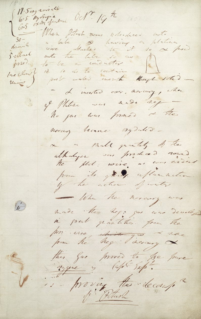 Kálium: Sir Humphrey Davy feljegyzései a kálium felfedezéséhez vezető kísérletéről, 1807. alkotó: Humphry Davy