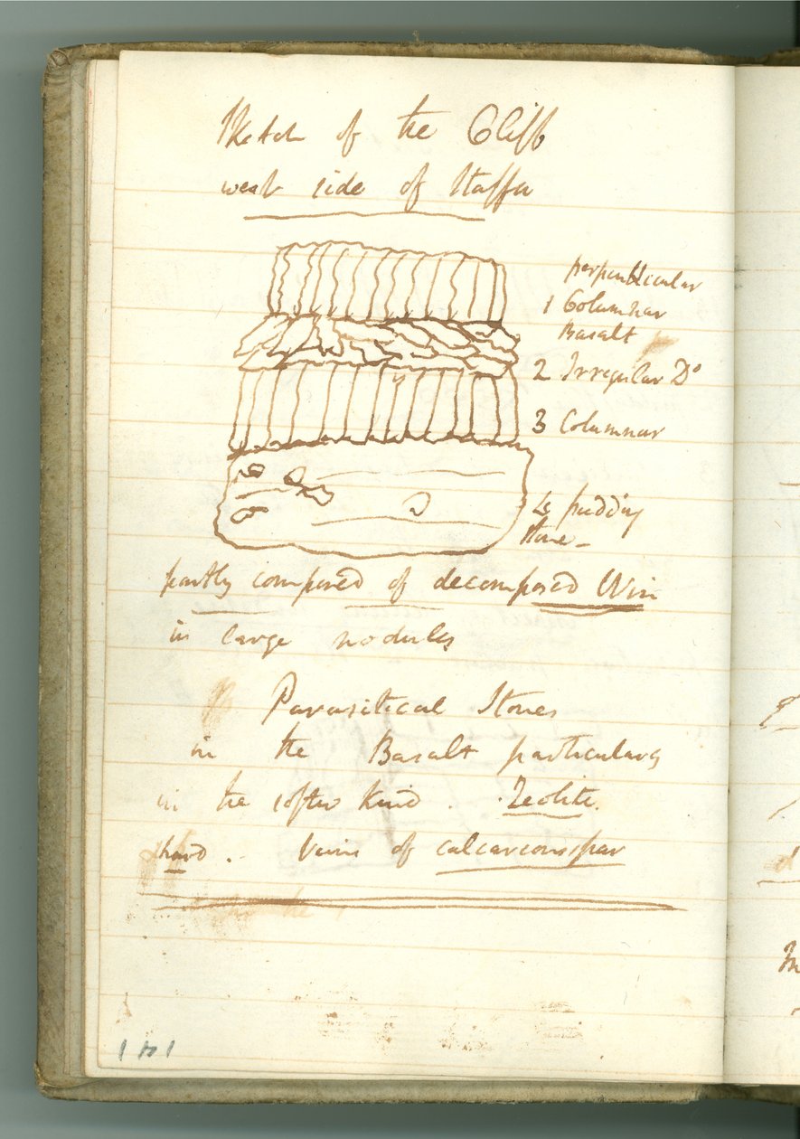 „Sketch of the Cliff West side of Staffa”, oldal Sir Humphry Davy személyes jegyzetfüzetéből (tinta papíron) alkotó: Humphry Davy