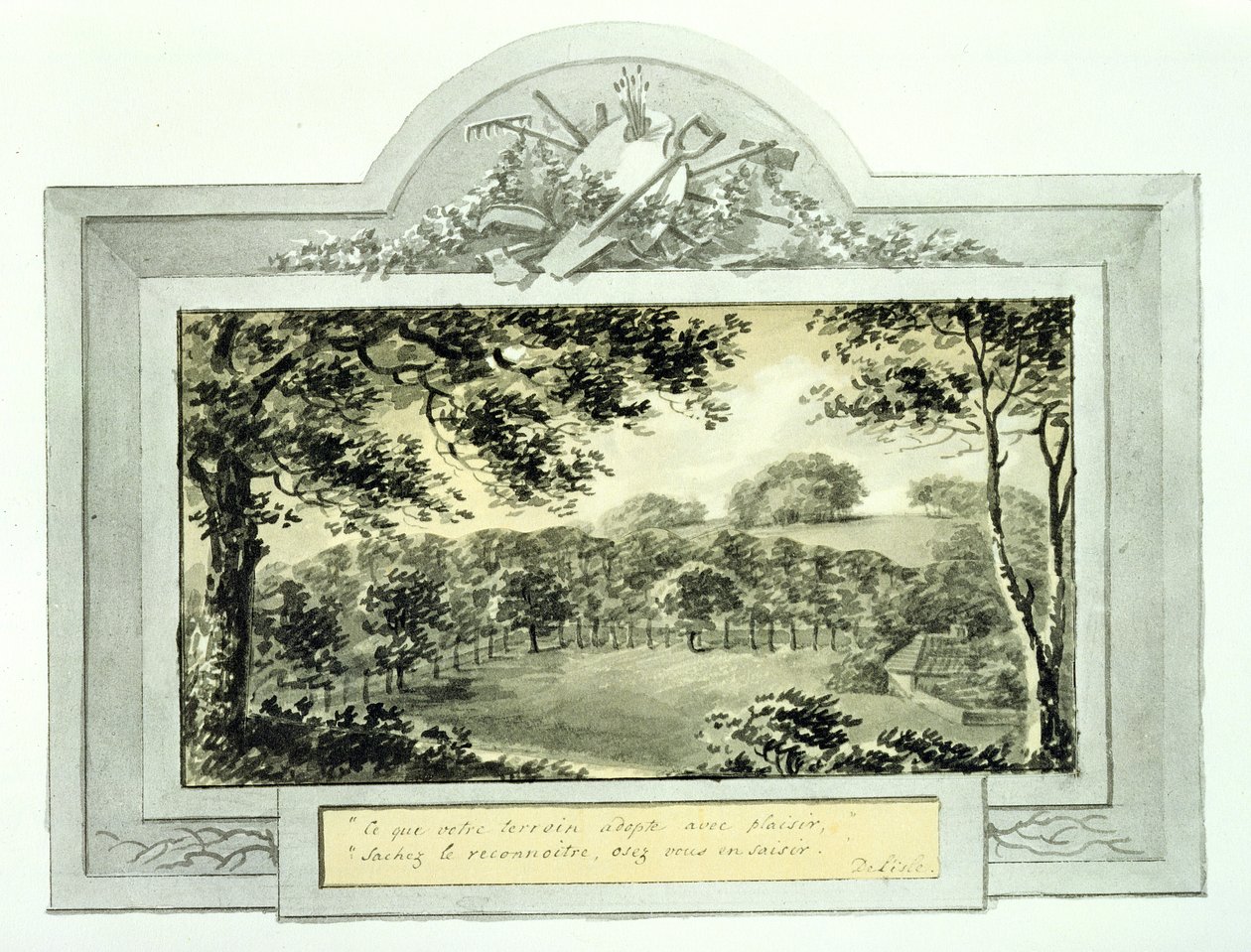 A kert "utáni" nézete az Antony-ház Vörös Könyvéből, 1812 körül (tinta, papír) (az "előtte" nézetet lásd a 170692. oldalon). alkotó: Humphry Repton