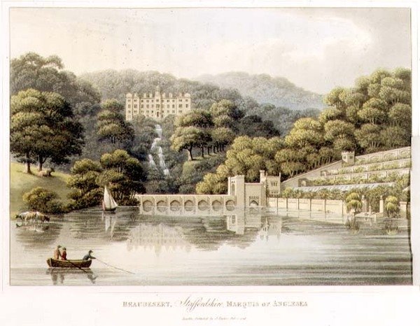 Beaudesert, Staffordshire, a "Fragments on the Theory and Practice of Landscape Gardening"-ből, pub. 1816 (színes litó) alkotó: Humphry Repton