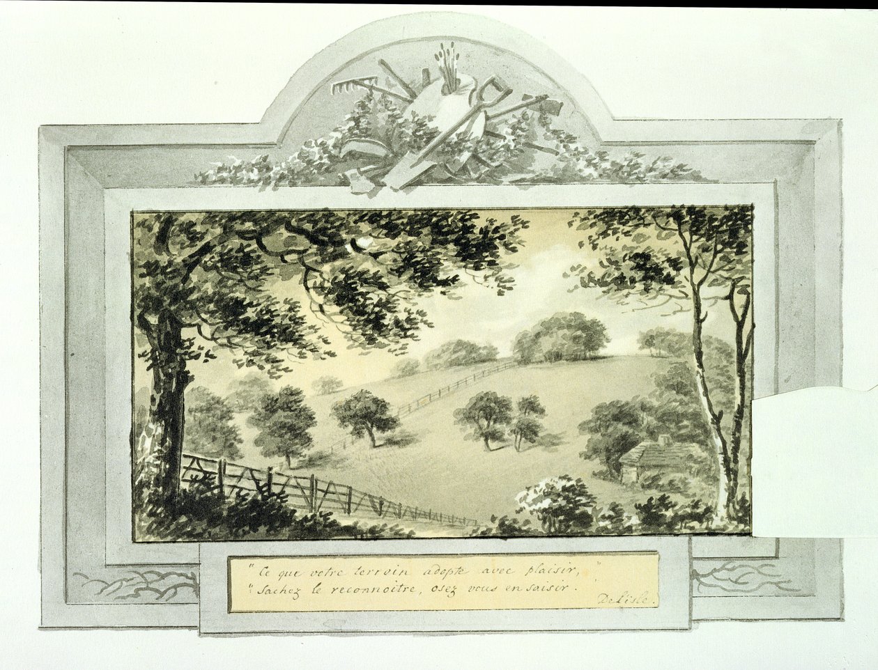 A telek „előtt” képe, az Antony House Vörös Könyvéből, 1812 körül (tinta papíron) (az „utána” nézetért lásd a 170691-et) alkotó: Humphry Repton
