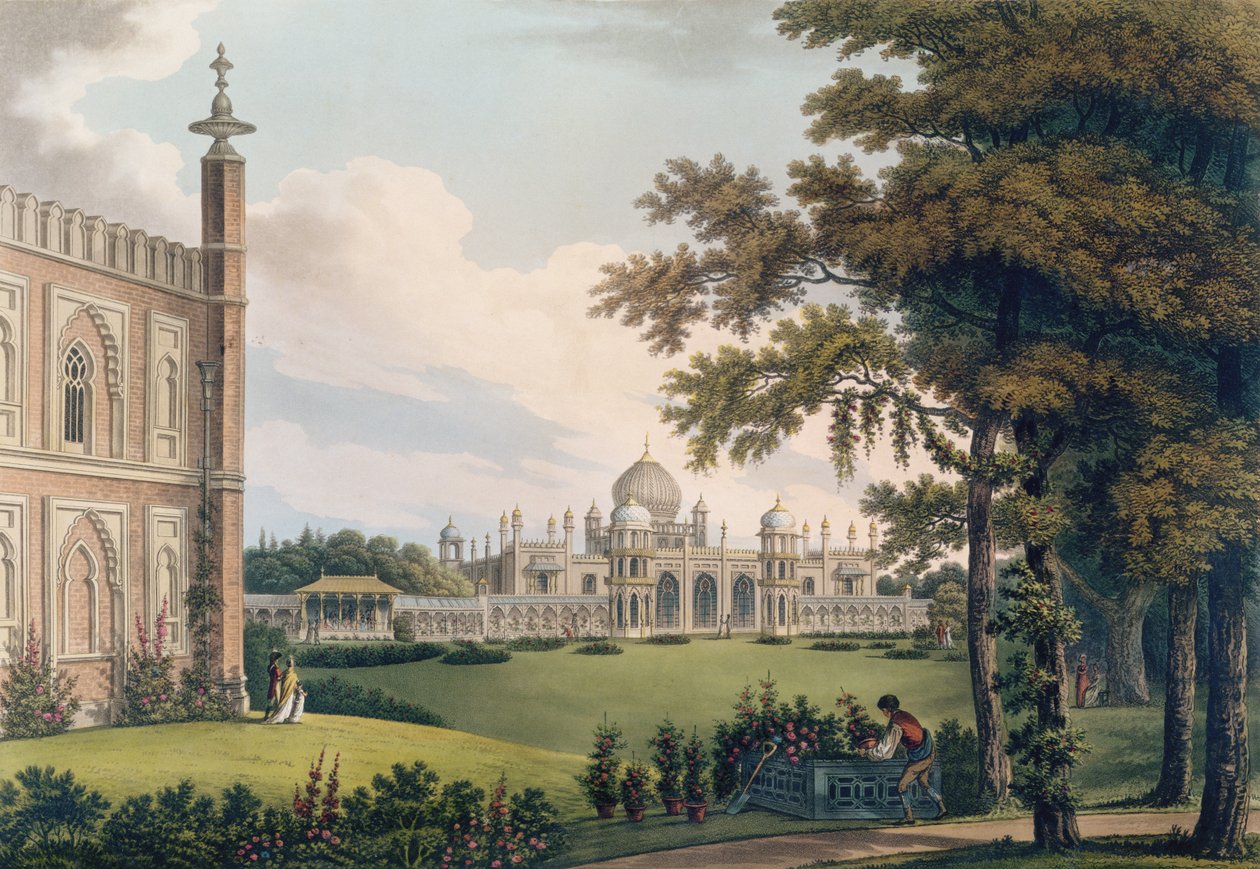 Brighton pavilon kertekkel, Joseph Constantine Stadler metszetével alkotó: Humphry Repton