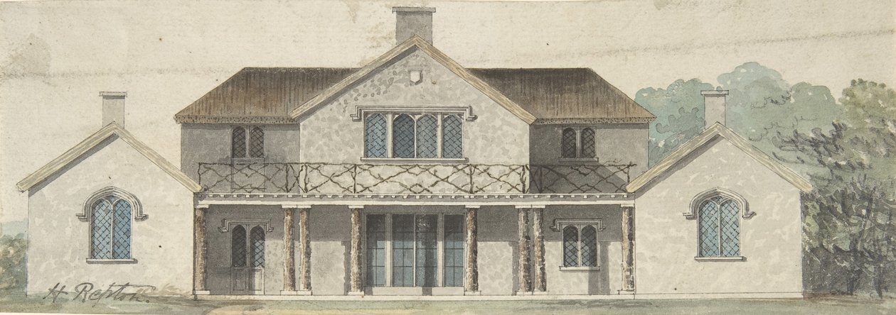 Tervezés egy Tudoresque stílusú Ornée nyaralóhoz, 18. század vége – 19. század eleje. alkotó: Humphry Repton