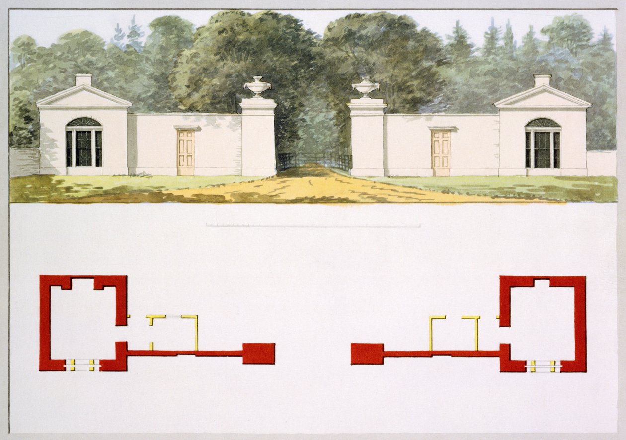 A javasolt új bejárati átjárók és kunyhók domborzati és alaprajzai az Antony House Vörös Könyvéből, 1812 körül (wc papíron) alkotó: Humphry Repton