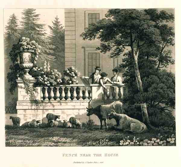 Kerítés a ház közelében, a "Töredékek a tájkertészet elméletéről és gyakorlatáról", kocsma. 1816 (litó) alkotó: Humphry Repton
