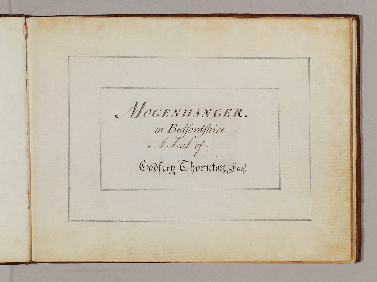 A "Red Books" előlapja a "Mogenhanger in Bedfordshire, a Godfrey Thornton Esq székhelye." alkotó: Humphry Repton