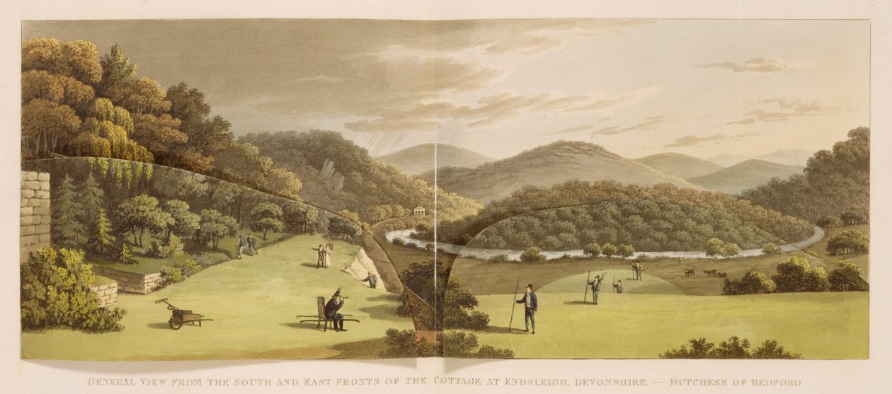 Általános kilátás a devon-i endsleighi kunyhó déli és keleti frontjáról (előtte) a "Fragments on the Theory and Practice of Landscape Gardening" című kiadványból, pub. 1816 (színes litó) (lásd még: 103914) alkotó: Humphry Repton