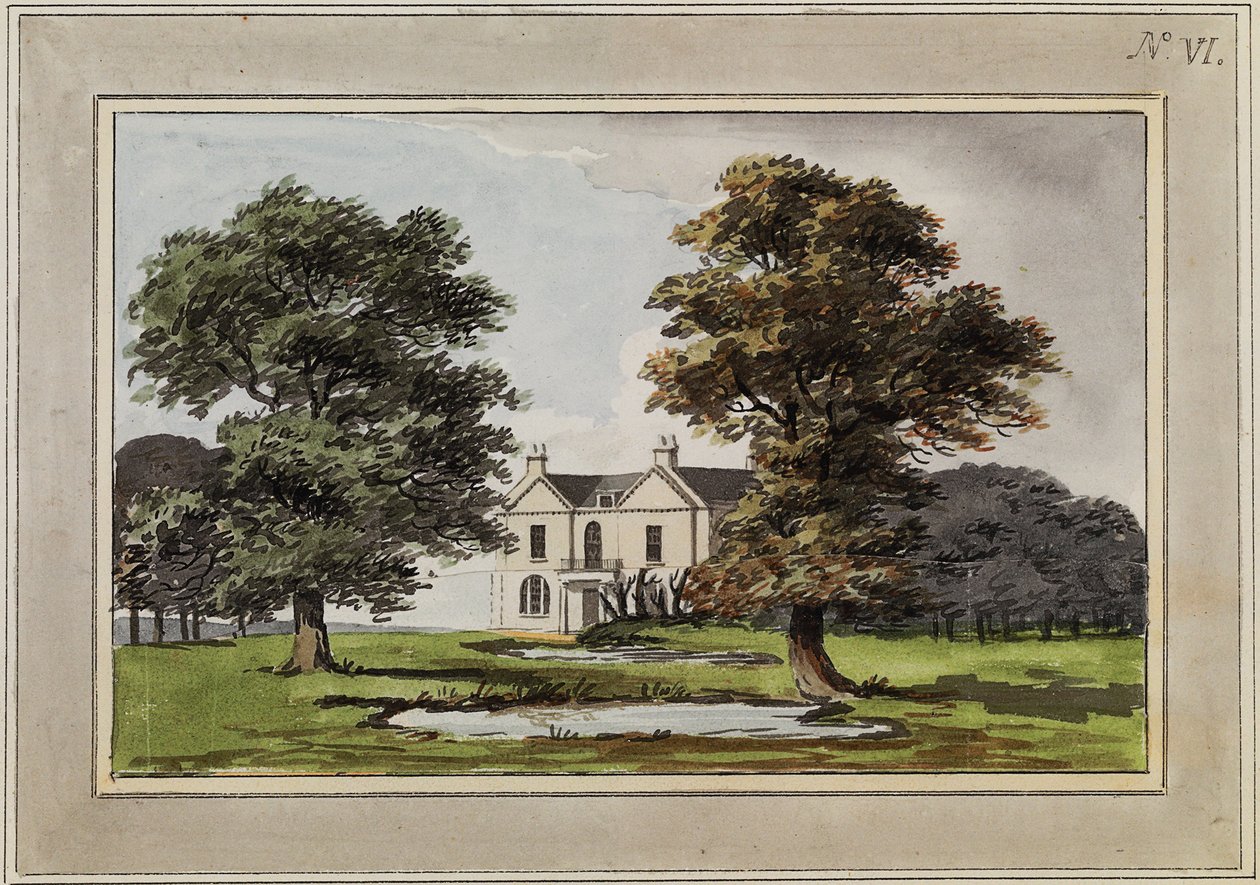 Illusztráció a „Red Books”-ból, a „Mogenhanger in Bedfordshire, a Seat of Godfrey Thornton Esq.” alkotó: Humphry Repton