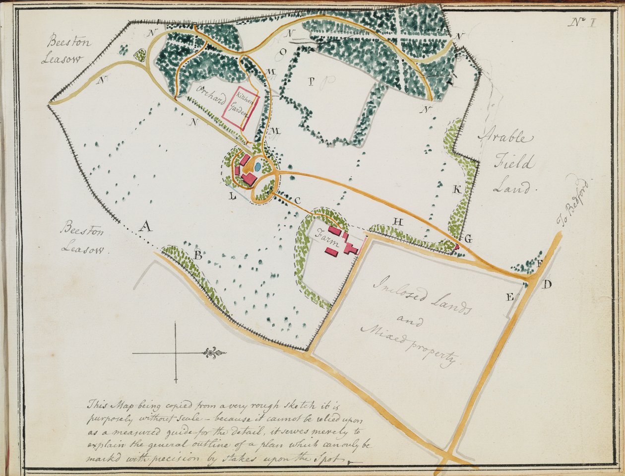 Térkép a "Red Books"-tól, a "Mogenhanger in Bedfordshire, a Seat of Godfrey Thornton Esq.", 1792 alkotó: Humphry Repton