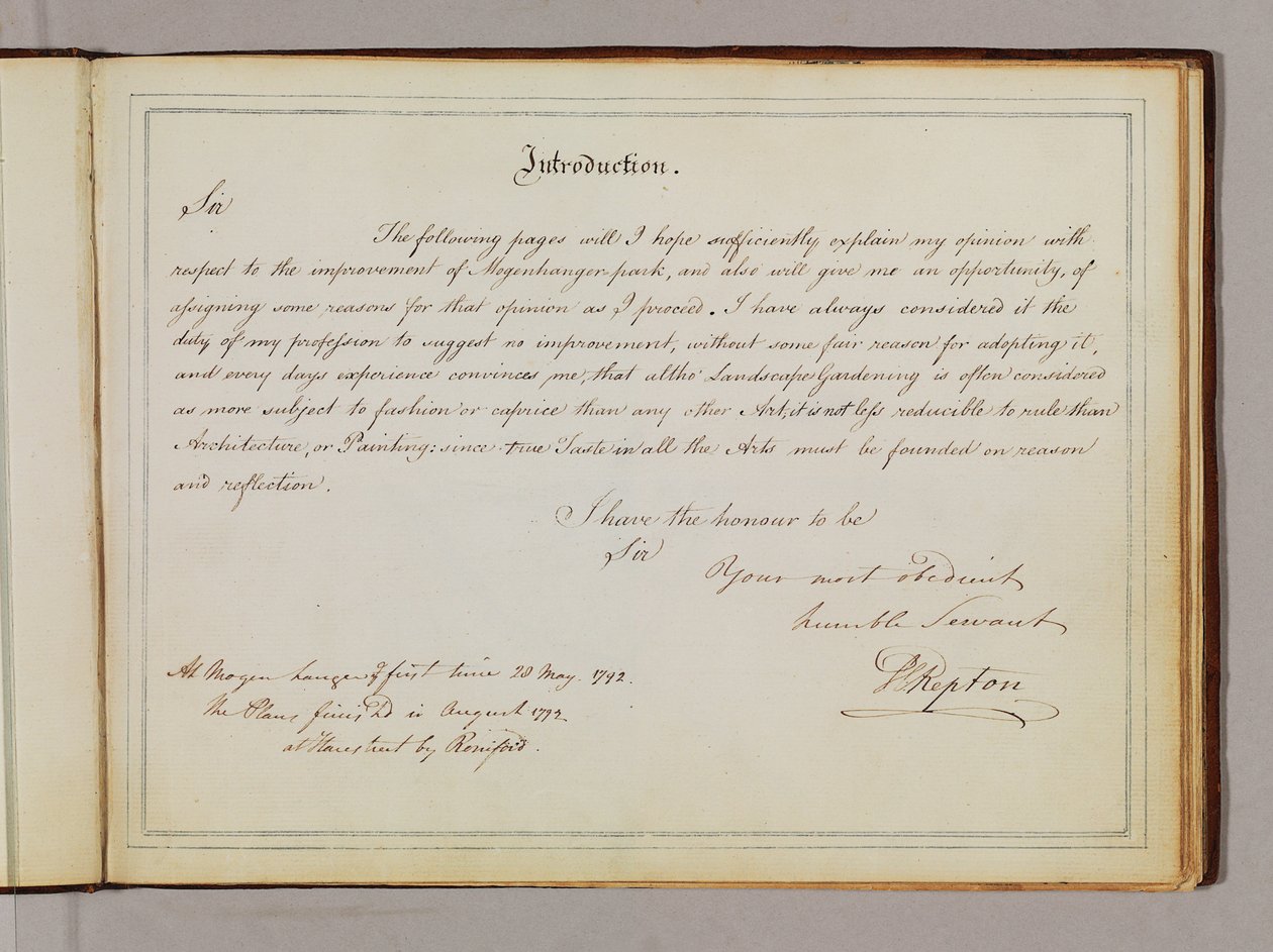 Oldal a "Red Books"-ból a "Mogenhanger in Bedfordshire, a Seat of Godfrey Thornton Esq." alkotó: Humphry Repton