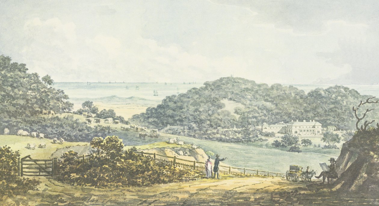 Panorámás „utána” kilátás, Antony House Vörös Könyvéből, 1812 körül alkotó: Humphry Repton