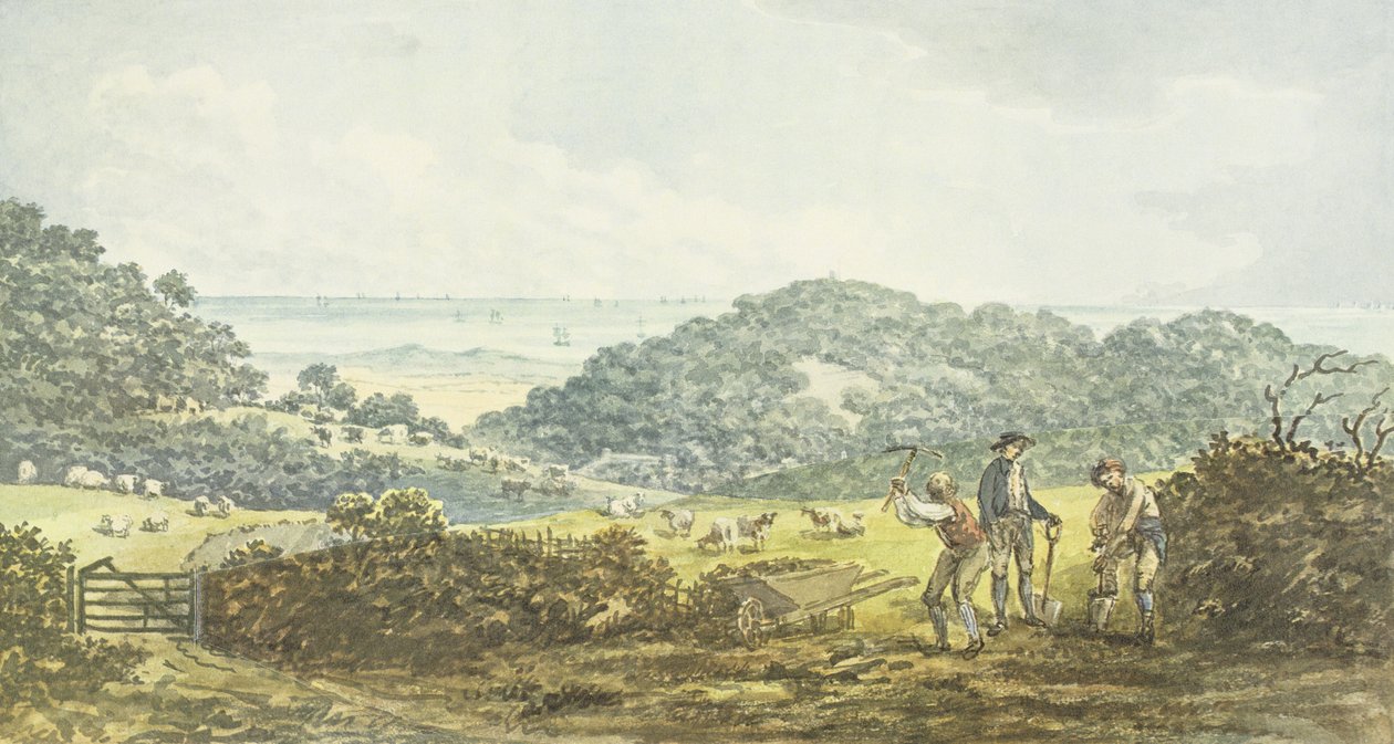 Panorámás „előtte” nézet, Antony House Vörös Könyvéből, 1812 körül alkotó: Humphry Repton