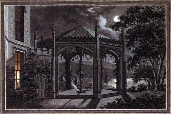 Pavilon és üvegház egy gótikus kastélyhoz, a "Megfigyelések a tájkertészet elméletéről és gyakorlatáról", pub. 1802 (színes litó) alkotó: Humphry Repton