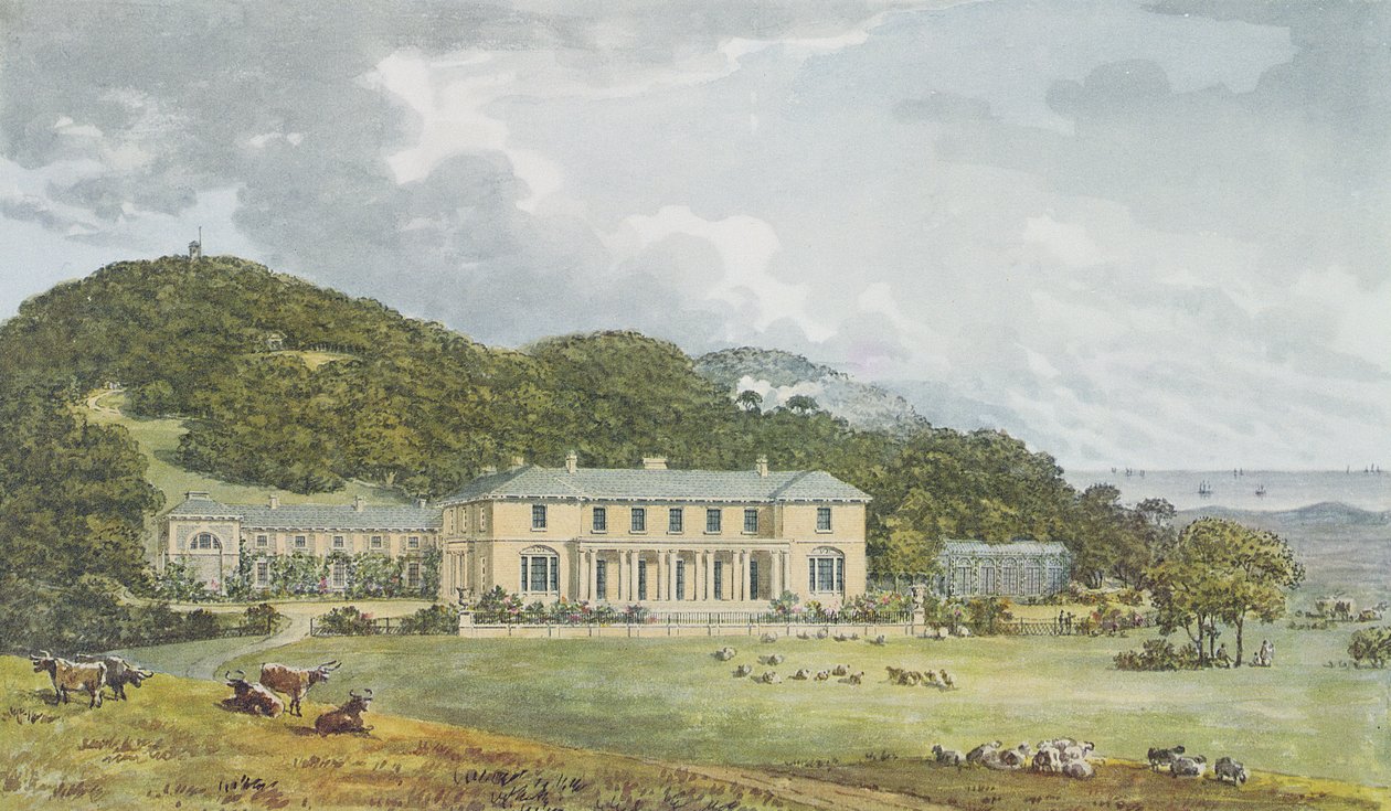 Déli homlokzat a nyugati homlokzattal perspektivikusan, az Antony-ház Vörös Könyvéből, 1812 körül. alkotó: Humphry Repton