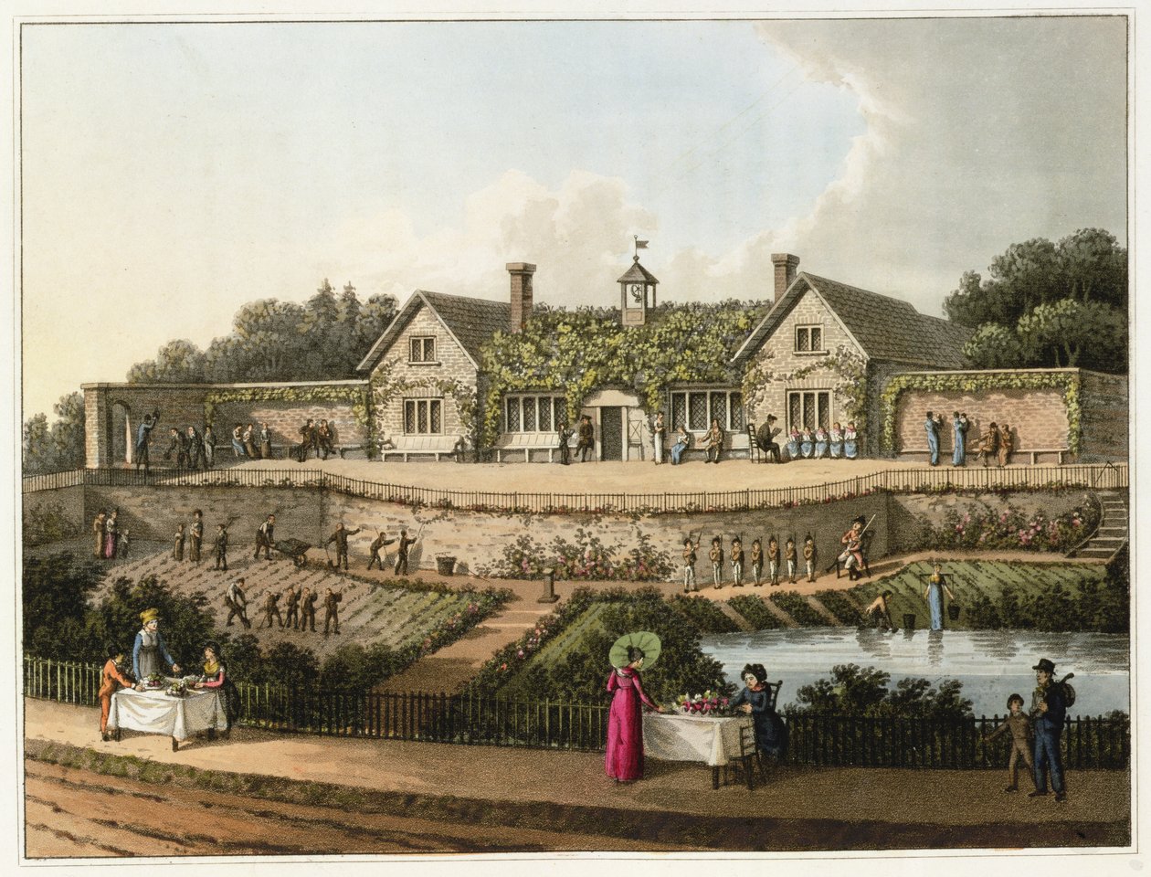 The Work House, a "Töredékek a kertépítés elméletéről és gyakorlatáról" című kötetből, pub. 1816 alkotó: Humphry Repton