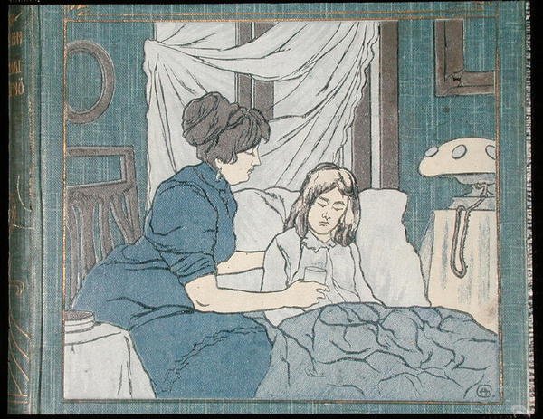 Beteg lányát ápoló anya egy családi orvosi könyv borítójáról, 1900 körül (színes litó) alkotó: Hungarian School