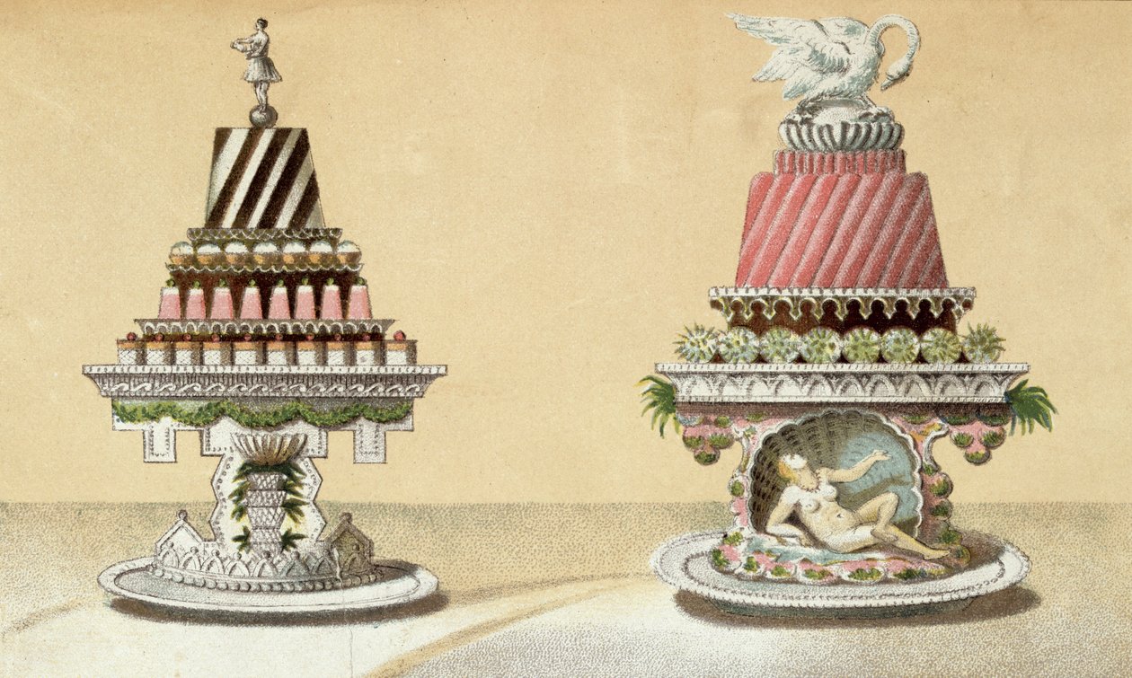 Tervezés Charlottes a la Reine & Pain de Framboises a la Leda bemutatójához, illusztráció egy francia konyhaművészetről szóló magyar szakácskönyvből, 1880 körül alkotó: Hungarian School