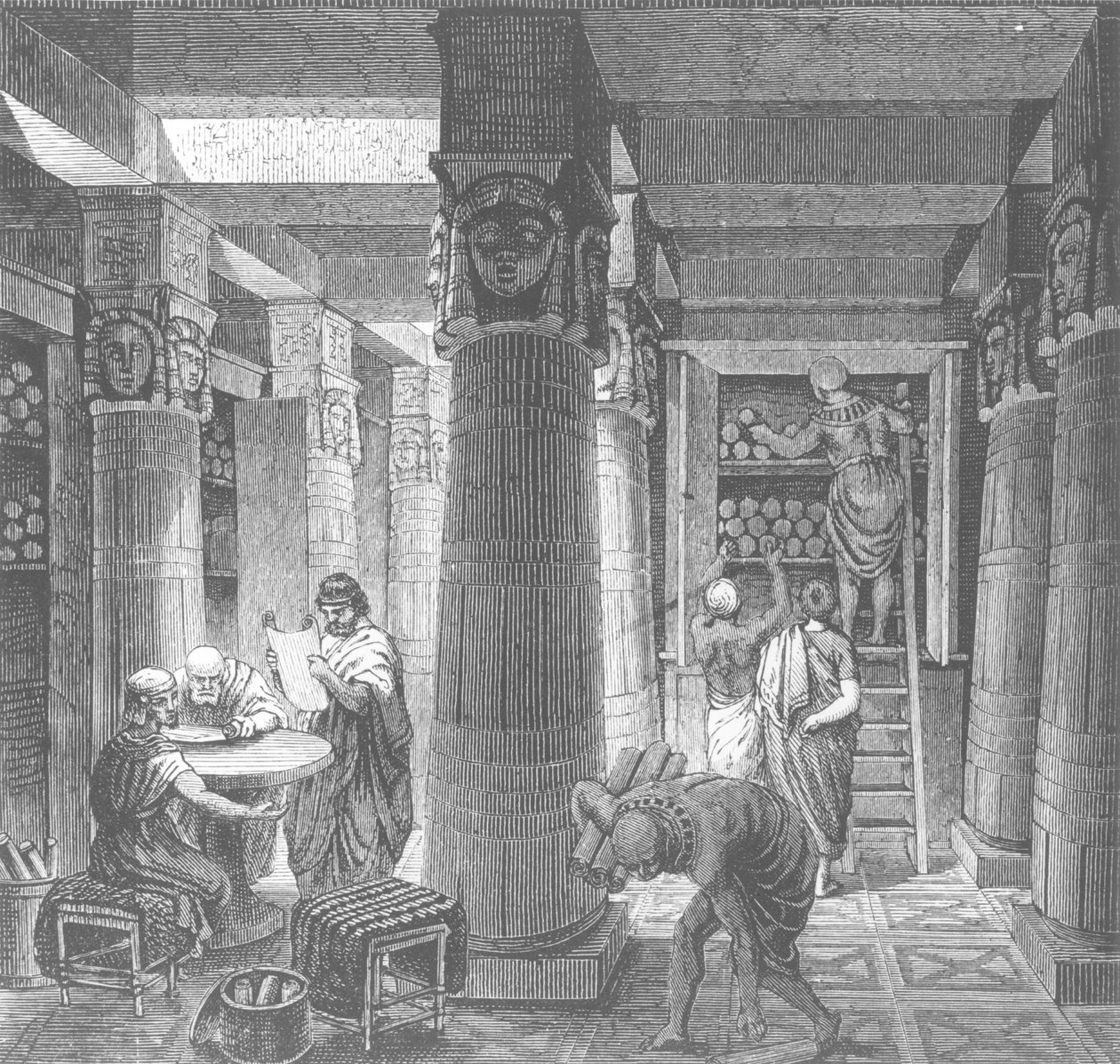Az egyiptomi alexandriai Ptolemaios-könyvtár képzeletbeli kikapcsolódása a Histoire Generale des Peuples-ból, 1880 alkotó: Hungarian School