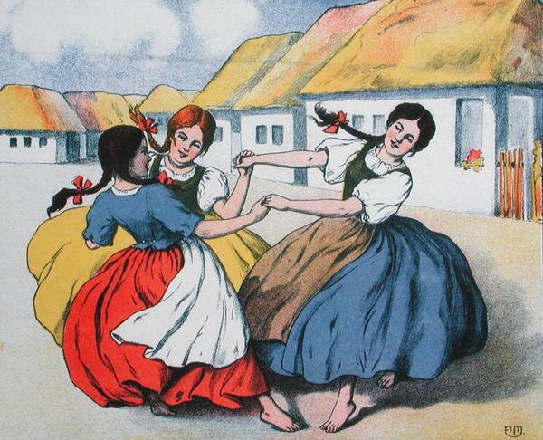 Paraszttánc. illusztráció Balázs Árpád dalainak kottájából, 1910 körül (színes litó) alkotó: Hungarian School