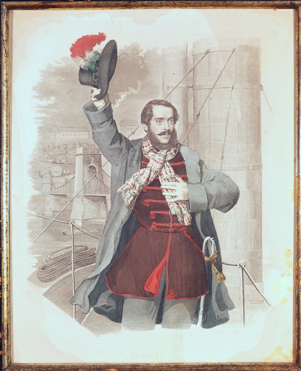 Portrait of Lajos Kossuth (1802-94) at the Chain Bridge in Budapest, 1849 alkotó: Hungarian School