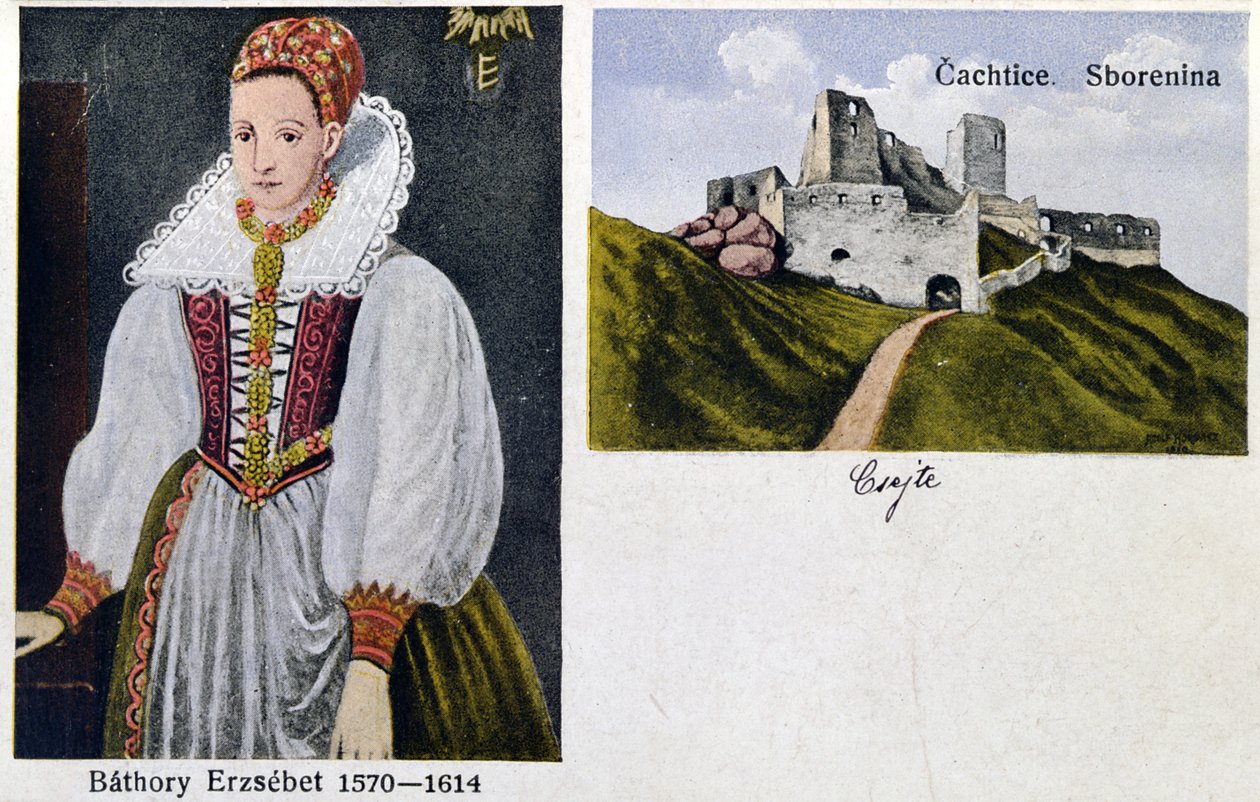 Báthory Erzsébet grófnőt (1560-1614) és a Cachtice kastélyt ábrázoló képeslap alkotó: Hungarian School