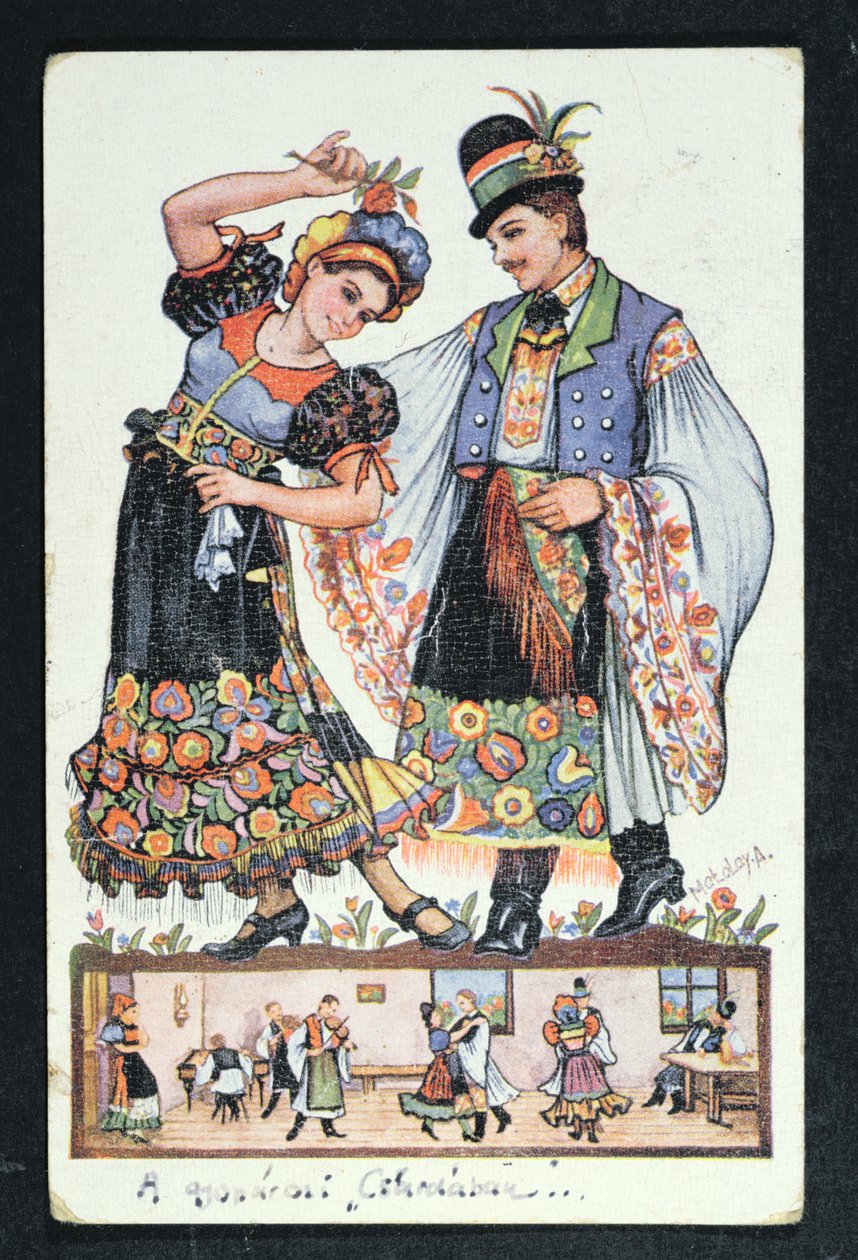 Hagyományőrző táncot táncoló magyar házaspárt ábrázoló képeslap, 1943 alkotó: Hungarian School