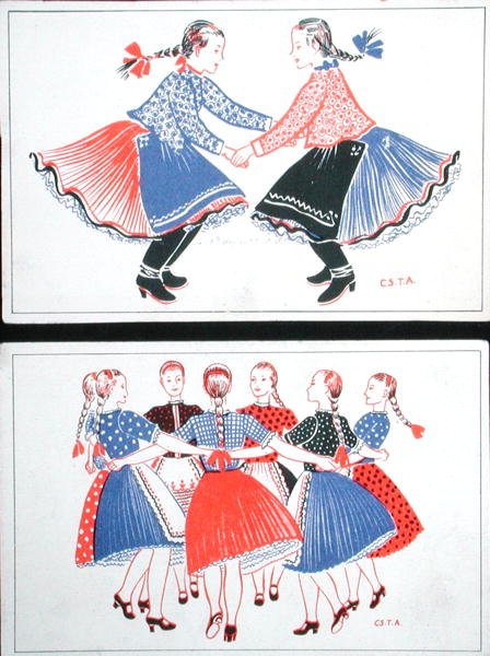 Tradicionális magyar táncokat ábrázoló képeslapok, 1947-1948 körül (színes litó) alkotó: Hungarian School