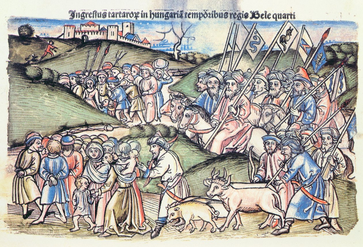 A mongol invázió Magyarországra 1241-ben IV. Béla uralkodása alatt egy eredeti színes fametszet) alkotó: Hungarian School