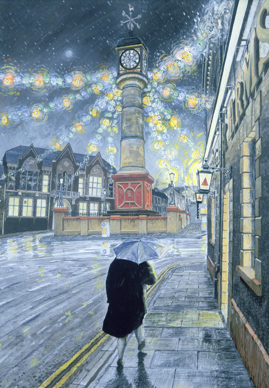 Decemberi alkonyat Tredegarban, 1992 (guache a kártyán) alkotó: Huw S. Parsons