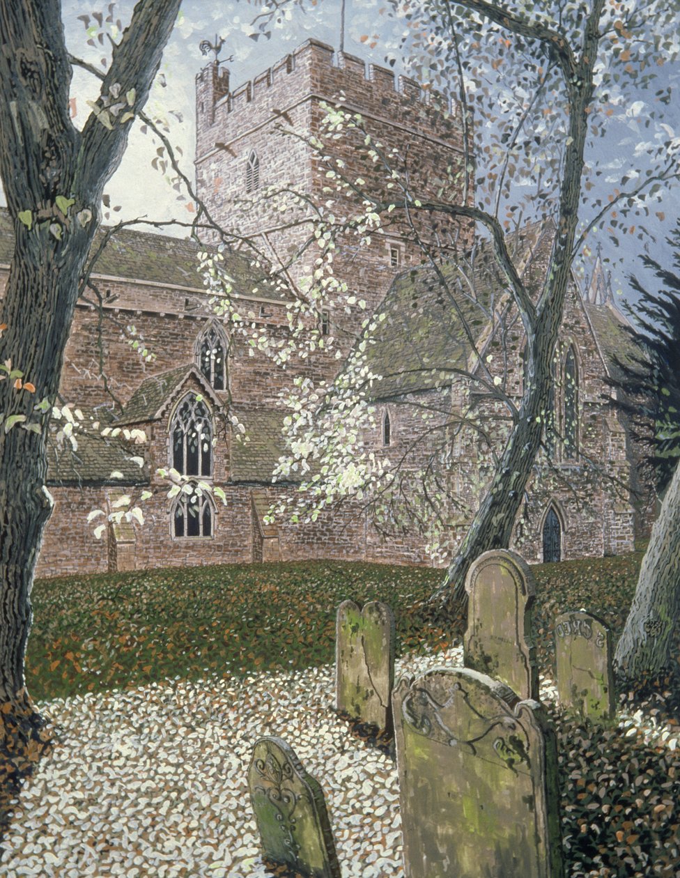 Brecon katedrális, 1992. őszi nap (guache a kártyán) alkotó: Huw S. Parsons