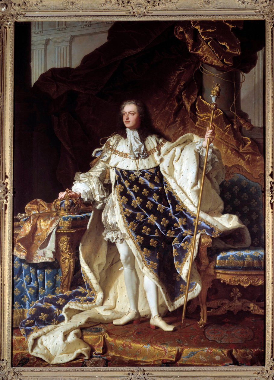 XV. Lajos teljes alakos portréja corre jelmezében (1710-1774) Hyacinthe Rigaud (1659-1743) festménye. 1730. Mérete 2,71 x 1,94 m. Versailles, musee du Chateau – XV. Lajos teljes alakos portréja koronázási köntösben (1710-1774). Hyacinthe Rigaud festménye ( alkotó: Hyacinthe Francois Rigaud