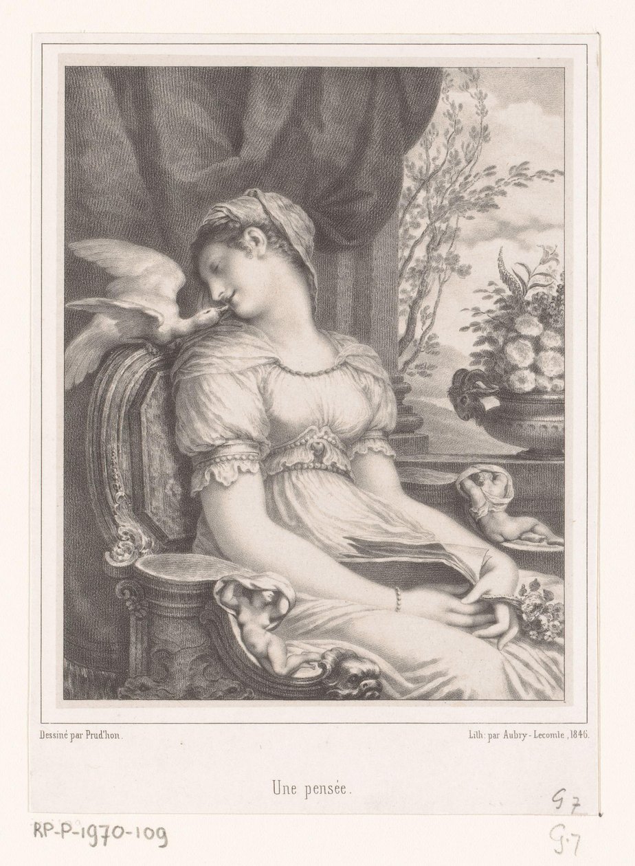 Ülő nő könyvvel és fehér madárral Une pensée (cím a tárgyon) alkotó: Hyacinthe Louis Victor Jean Baptiste Aubry Lecomte